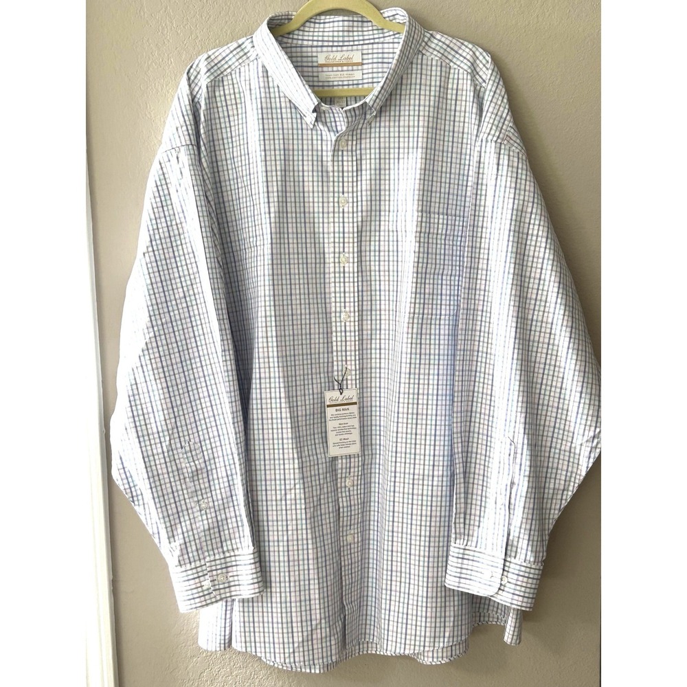 Roundtree & Yorke Gold Label Big Man Dress Shirt 20 36/37 Non-Iron Plaid Cotton